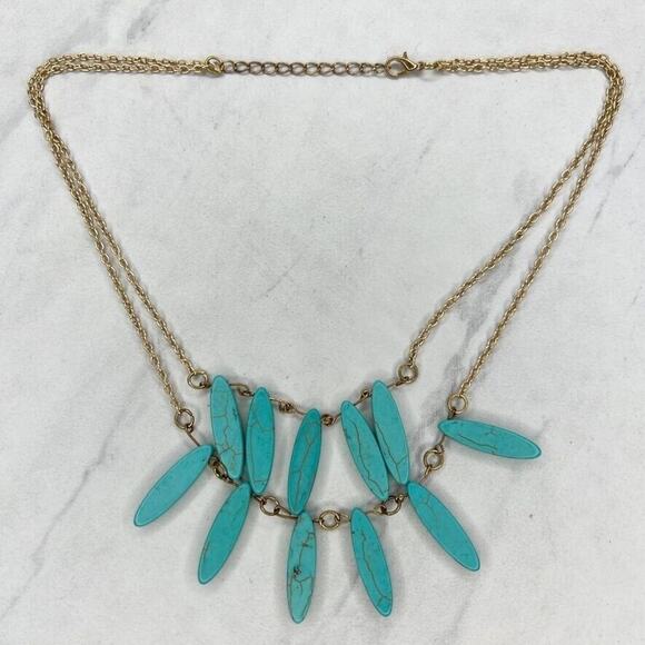 Gold Tone Double Strand Faux Turquoise Bib Tiered Necklace - Picture 1 of 7